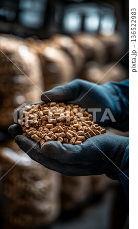 Close-up of gloved hands holding wood pellets in industrial setting 136522983