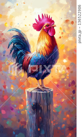 Vibrant rooster on a post with colorful background at sunrise Vibrant rooster on a post with colorful background at sunrise 136522986