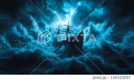 Dramatic ship in stormy sea with lightning strikes and turbulent waves 136523007