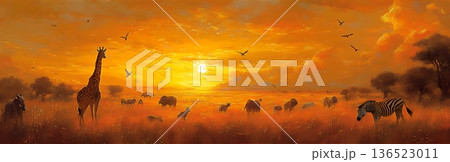 African savannah sunset with wildlife: giraffe, zebras, elephants, birds in golden landscape 136523011