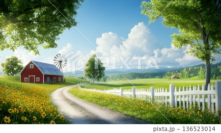 Idyllic rural landscape with red barn and windmill on sunny day 136523014