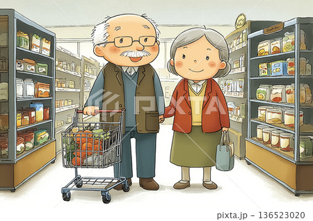 高齢夫婦がスーパーで買い物を楽しむ日常風景　シニアの生活・消費活動イメージ 136523020