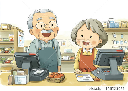 高齢夫婦がスーパーマーケットのレジで働く接客シーン　シニア就労・人手不足対策イメージ 136523021