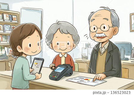 高齢夫婦が書店でキャッシュレス決済を学ぶシーン　デジタル支援・金融教育イメージ 136523023