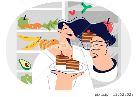 Woman eats dessert, breaking diet due to lack of willpower, and stands near fruits and vegetables Woman eats dessert, breaking diet due to lack of willpower, and stands near fruits and vegetables 136523028