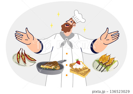 Restaurant man chef demonstrates dishes from menu, offering to try new culinary delicacies Restaurant man chef demonstrates dishes from menu, offering to try new culinary delicacies 136523029