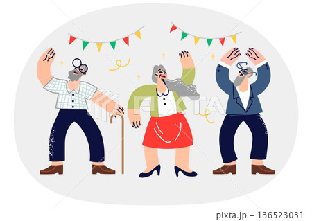 Party of elderly people celebrating friend anniversary, for concept of happiness from retirement Party of elderly people celebrating friend anniversary, for concept of happiness from retirement 136523031