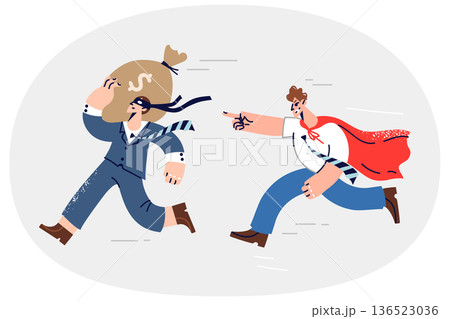 Thief with bag of money runs away from superhero trying to stop bank robbery and save savings Thief with bag of money runs away from superhero trying to stop bank robbery and save savings 136523036