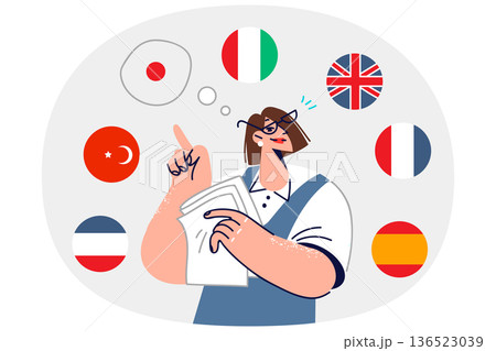 Woman translator calls for learning different languages, standing among national flags 136523039