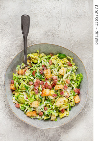 Brussels sprouts Caesar salad, with bacon and croutons, healthy food, homemade, no people, Brussels sprouts Caesar salad, with bacon and croutons, healthy food, homemade, no people, 136523073