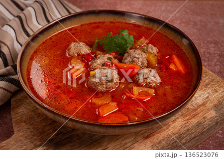 Romanian soup with meatballs, vegetable soup with meatballs, homemade, no people, 136523076
