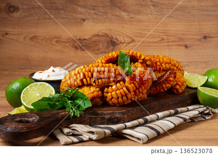 corn ribs, with cream sauce , spices and lime, appetizer, homemade, no people, corn ribs, with cream sauce , spices and lime, appetizer, homemade, no people, 136523078