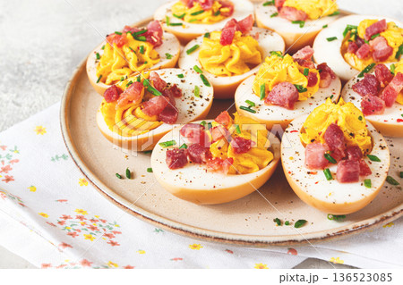 Spicy, stuffed ramen eggs, with bacon and green onions, homemade, no people, Spicy, stuffed ramen eggs, with bacon and green onions, homemade, no people, 136523085