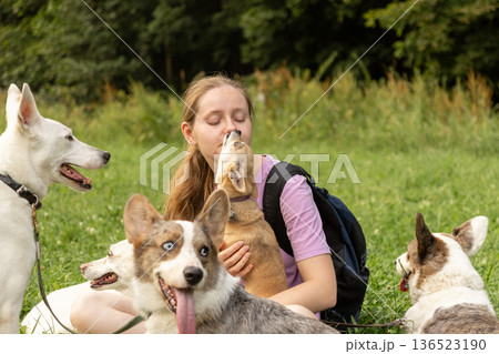 Professional dog walker young woman with pack of dogs is sitting on grass and enjoying walk animals. Professional dog walker young woman with pack of dogs is sitting on grass and enjoying walk animals. 136523190