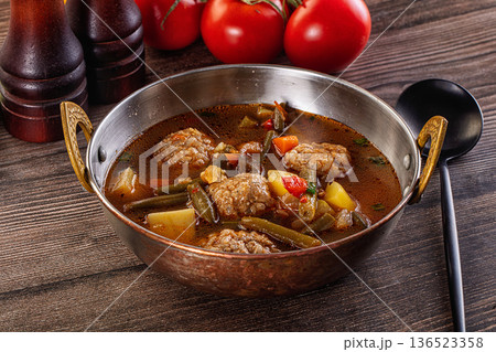Tomato Soup with meatballs and vegetables Tomato Soup with meatballs and vegetables 136523358
