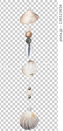 Vertical watercolor seashell garland with beads on string, coastal boho wedding illustration 136523656
