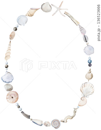 Hand drawn oval frame with watercolor seashells, copy space. Coastal wedding isolated illustration Hand drawn oval frame with watercolor seashells, copy space. Coastal wedding isolated illustration 136523666