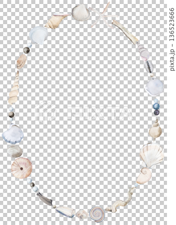 Hand drawn oval frame with watercolor seashells, copy space. Coastal wedding isolated illustration Hand drawn oval frame with watercolor seashells, copy space. Coastal wedding isolated illustration 136523666