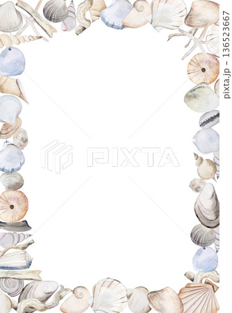 Rectangular frame with watercolor seashells, copy space. Coastal wedding isolated illustration Rectangular frame with watercolor seashells, copy space. Coastal wedding isolated illustration 136523667