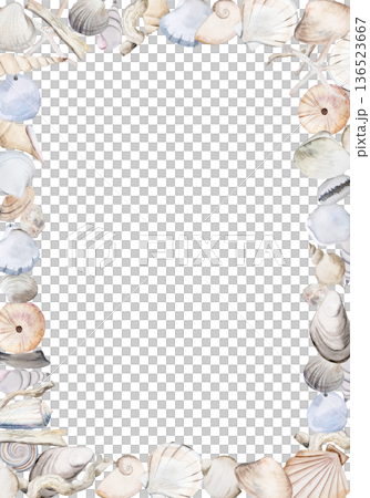 Rectangular frame with watercolor seashells, copy space. Coastal wedding isolated illustration Rectangular frame with watercolor seashells, copy space. Coastal wedding isolated illustration 136523667