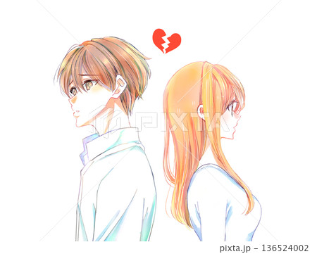 ネガティブな表情の背中合わせの男女　割れたハート 136524002