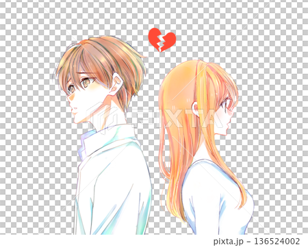 ネガティブな表情の背中合わせの男女　割れたハート 136524002