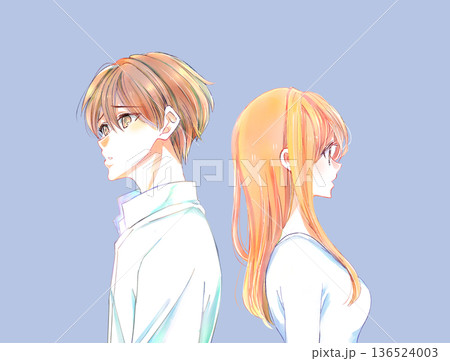 ネガティブな表情の背中合わせの男女　 136524003
