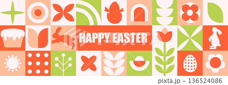Easter banner decoration with cheerful icons and colorful tiled background 136524086