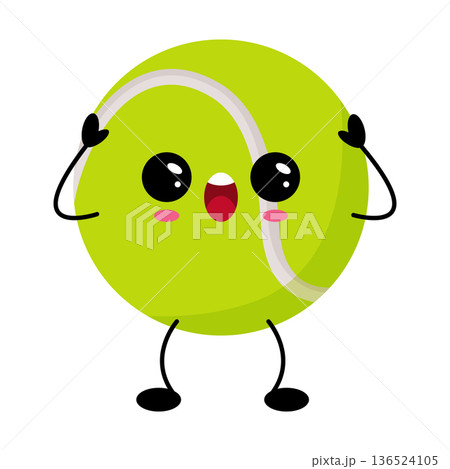 Tennis ball kawaii character, surprised, holding his head with his hands 136524105