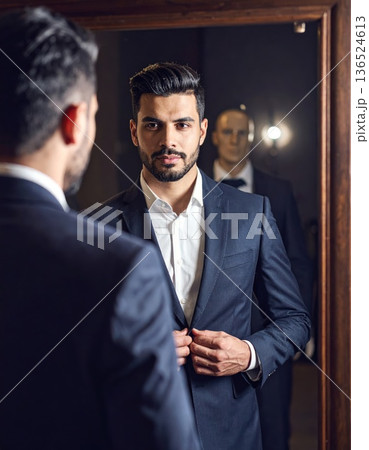 Man in a suit looks at a strange reflection in the old mirror, horror or thriller scene concept. 136524613