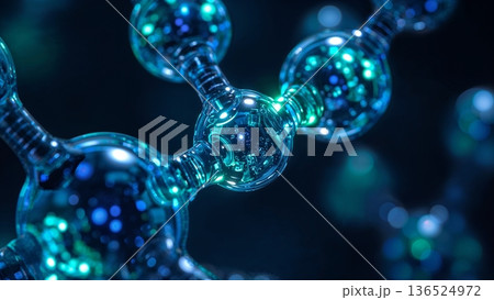 Macro view of a hyper-detailed molecule with glowing bioluminescent highlights 136524972