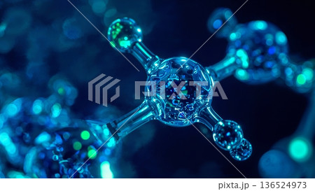 Macro view of a hyper-detailed molecule with glowing bioluminescent highlights Macro view of a hyper-detailed molecule with glowing bioluminescent highlights 136524973