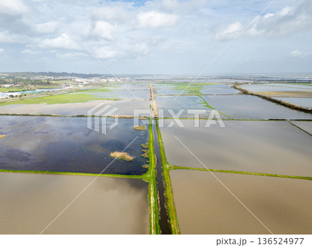 Fluvial Flood on Tagus River in Azambuja, Lisbon, Portugal. Aerial View 136524977