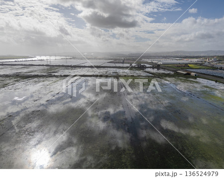 Fluvial Flood on Tagus River in Azambuja, Lisbon, Portugal. Aerial View Fluvial Flood on Tagus River in Azambuja, Lisbon, Portugal. Aerial View 136524979