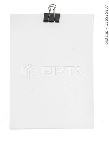 Blank paper sheet with binder clip on white background Blank paper sheet with binder clip on white background 136525837