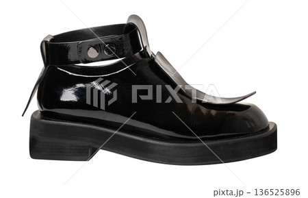 Black patent leather boot with ankle strap design 136525896