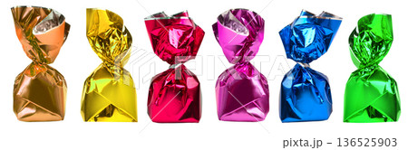 Colorful wrapped candies creating a vibrant sweets assortment 136525903