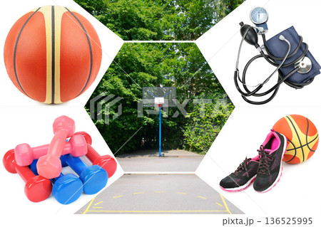 Sports and health collage with basketball court, equipment, and medical tools 136525995