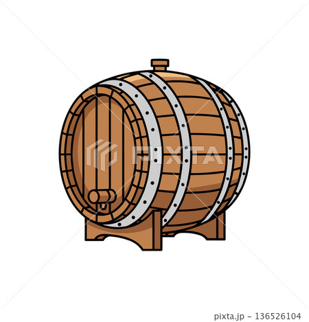 Traditional wooden barrel for wine or beer resting on a small stand with a silver metal tap on its front side Traditional wooden barrel for wine or beer resting on a small stand with a silver metal tap on its front side 136526104