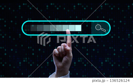 The index finger touches the virtual search bar from the neon blue frame, gradient loading scale. 136526124