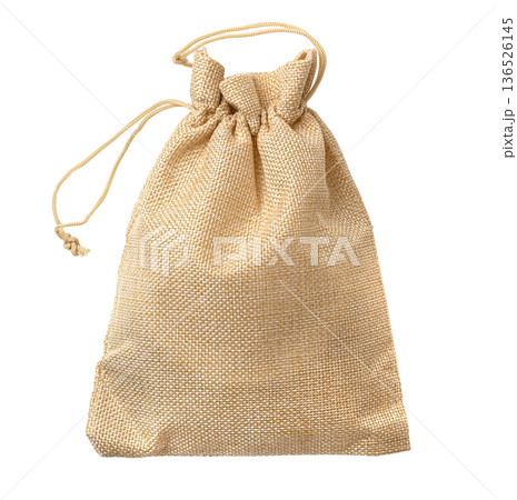 Burlap sack pouch with drawstring closure isolated Burlap sack pouch with drawstring closure isolated 136526145