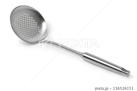 Stainless steel skimmer kitchen utensil on white background Stainless steel skimmer kitchen utensil on white background 136526151