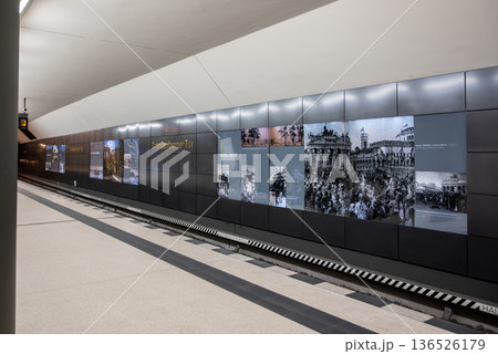 Berlin, germany, august 13, 2023. Public transport u-bahn subway station in berlin, germany, presenting a historical exhibition about brandenburger tor 136526179