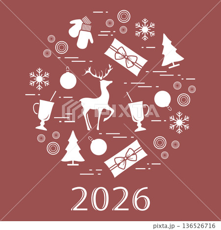 Christmas-themed illustration with a reindeer, gifts, and holiday ornaments on a red background 136526716