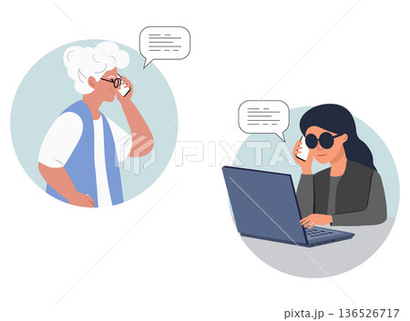 Two women communicating through phone and online video call in separate circles 136526717