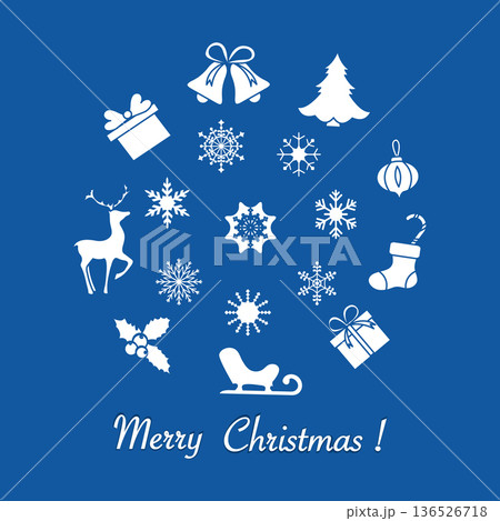 Christmas icons arranged in circle on blue background with holiday greetings in white script Christmas icons arranged in circle on blue background with holiday greetings in white script 136526718
