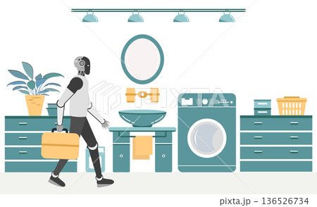 Robot carrying toolbox in modern laundry room highlighting futuristic home technology Robot carrying toolbox in modern laundry room highlighting futuristic home technology 136526734