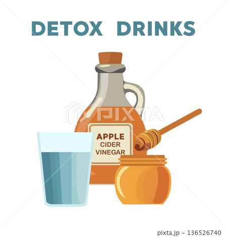 Apple cider vinegar detox drinks with jar of honey and glass of water on white background 136526740