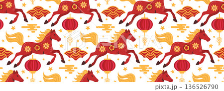 Seamless running horses Chinese New Year pattern red and gold Seamless running horses Chinese New Year pattern red and gold 136526790