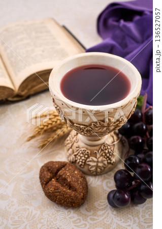 Holy communion still life with chalice, bread, and bible Holy communion still life with chalice, bread, and bible 136527057